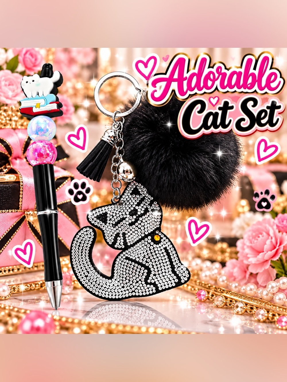 Adorable Cat Keychain & Pen Set - Black Pom Pom with Rhinestone Cat